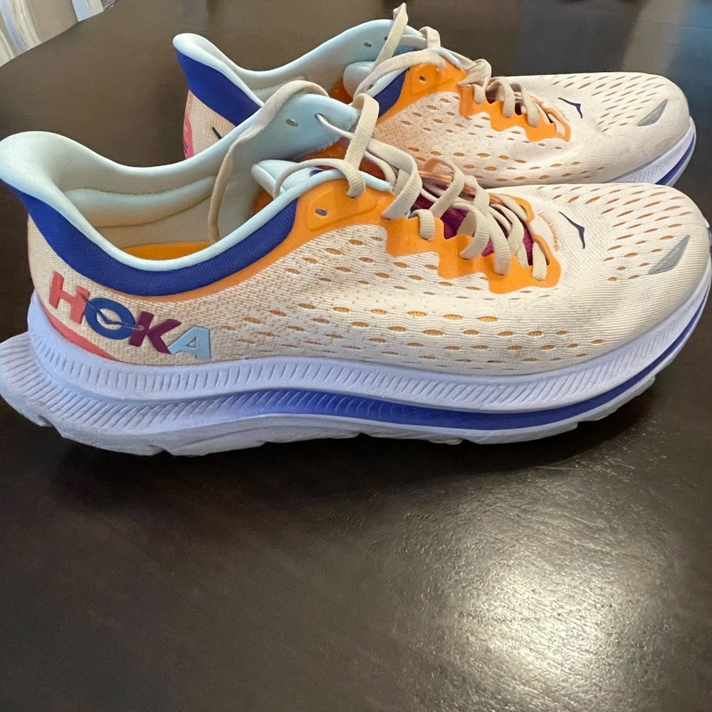 HOKA Women's Neutral Running Shoes - White with Orange & Blue